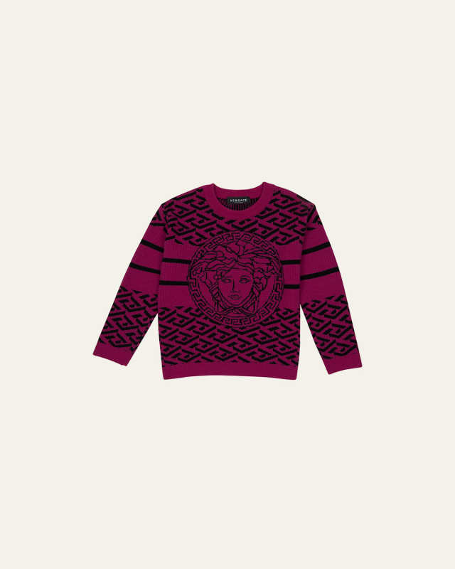Boy's Wool Knit Greca-Print Sweater, Size 4-6